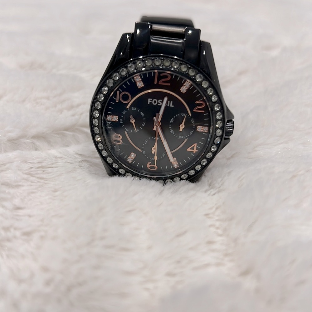 Fossil Riley Black Stainless Steel Watch with Rose Gold/Rhinestones Detailing